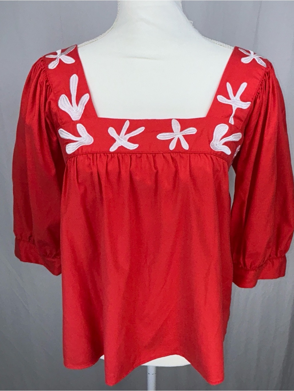Crosby by Mollie Burch Frankie Top Red‎ White Applique Puff Sleeve Blouse XS